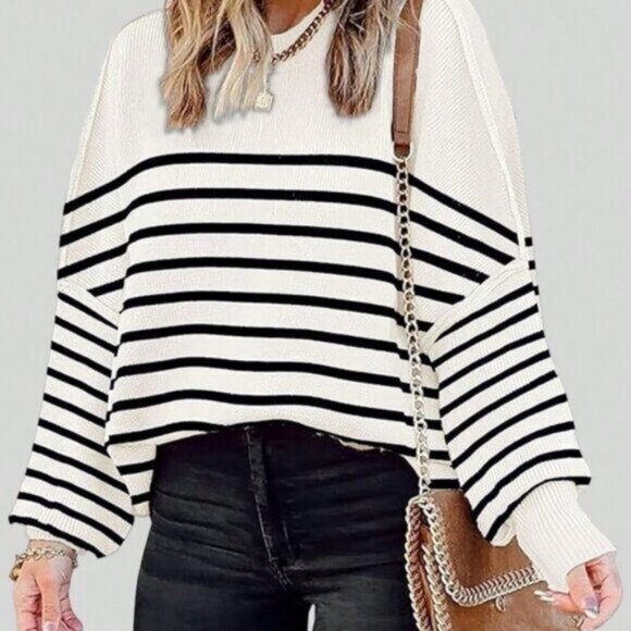 White Casual Women's Crew Neck Long Sleeve Striped Design Pullover Sweater - Picture 1 of 3